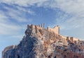 Summer bottom cliff view Acropolis of Lindos of Rhodes with blue sky