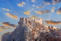 Summer bottom cliff view Acropolis of Lindos of Rhodes with dramatic sky