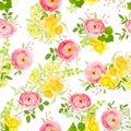 Summer bouquets of rose, ranunculus, narcissus, peony seamless