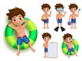 Summer boy kid vector character set. Young kids doing summer outdoor activities like swimming