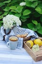 Summer breakfast in beautiful blooming garden. Tea with lemon, hydrangea flowers on wooden table with green background Royalty Free Stock Photo