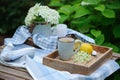 Summer breakfast in beautiful blooming garden. Tea with lemon, hydrangea flowers on wooden table Royalty Free Stock Photo