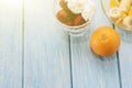 Summer Breakfast: berry, fruit Apple, strawberry, Orange, banana. Light blue table.