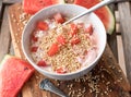 Summer breakfast with a fresh yogurt, watermelon and quinoa