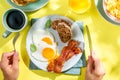 Summer breakfast - eggs, bacon, pancakes, cereal Royalty Free Stock Photo