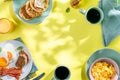 Summer breakfast - eggs, bacon, pancakes, cereal Royalty Free Stock Photo