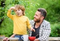 Summer breakfast. Healthy food concept. Family weekend. Father son eat food and have fun. Menu for children. Homemade Royalty Free Stock Photo