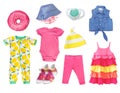 Summer bright baby child girl clothes isolated set. Royalty Free Stock Photo