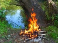 A mesmerizing bonfire in a cool summer forest by the river Royalty Free Stock Photo