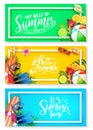 Summer Bright Color Background Banner Set with Tropical Elements Like Palm Leaves, Surfboard