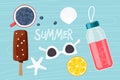 Summer. Bright drink bottle , sunglasses, ice cream, shell, Starfish, lemon slice, blueberries cup. Product for Summer