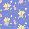 Summer bright pattern with hands holding bottles of lemonade, ice, mint leaves and lemons. Illustration with soda in