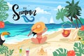 Summer bright postcard. The girl looks at the sea distance. Hello summer lettering. Vector illustration. Cartoon design Royalty Free Stock Photo