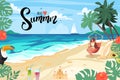 Summer bright postcard. The girl is resting in a hammock on the sea coast. Hello summer lettering. Vector illustration. Cartoon Royalty Free Stock Photo