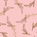 Summer bright seamless patetrn with outline random leaf branches print. Pastel pink background