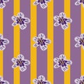 Summer bright seamless pattern with doodle simple flower buds silhouettes. Purple and orange striped background Royalty Free Stock Photo