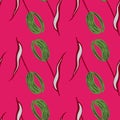 Summer bright seamless pattern with green tulip flowers ornament. Pink background. Simple style Royalty Free Stock Photo