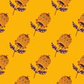 Summer bright seamless pattern with hand drawn folk flowr buds shapes. Orange background. Simple design