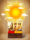 Summer bright sun with clouds and tourist bag Royalty Free Stock Photo