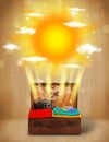 Summer bright sun with clouds and tourist bag Royalty Free Stock Photo