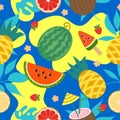 Summer bright vector seamless pattern with juicy fruits and tropical leaves Royalty Free Stock Photo