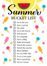 Summer bucket list. Funny things to do checklist. Seasonal activity planner page. wish list. Easy to edit vector