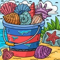 Summer Bucket of Sea Shells Colored Cartoon