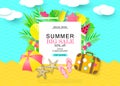 Summer Bug Sale banner with Sweet Travel Vacation Elements. Paper Art. Tropical plants, pineapple, ice cream, cherry, watermelon,s Royalty Free Stock Photo