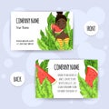 Summer business card with the dark-skinned girl who eats watermelon. Cartoon style. Vector illustration Royalty Free Stock Photo