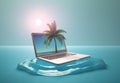 vacation computer concept travel palm summer tropical laptop beach tree. Generative AI.