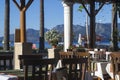 Summer cafe on the terrace on the background of the sea