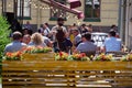 Summer cafes and restaurants have opened in the city center after the Covid-19 pandemic. People on the terrace, veranda, summer