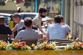 Summer cafes and restaurants have opened in the city center after the Covid-19 pandemic. People on the terrace, veranda, summer