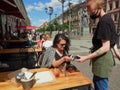 Summer cafes and restaurants have opened in the city center after the Covid-19 pandemic. People on the terrace, veranda, summer