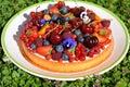 Summer cake with vanilla filling, various kinds of fruits with golden dust and decorative edible flowers