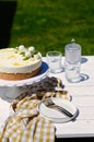 Mango and coconut cake on cake stand