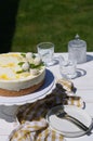 Mango and coconut cake on cake stand