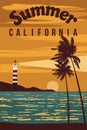 Summer California Lighthouse tower, beacon on tropical seashore ocean with ray of light