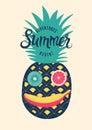 Summer calligraphic retro poster design. Funny character made of fruits. Vector illustration. Royalty Free Stock Photo