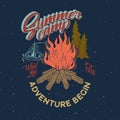 Summer camp adventure vintage graphic. Bonfire, tent, pine tree .