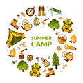 Summer Camp Banner Template with Hiking Equipment of Round Shape, Camping, Mountaineering, Hiking, Trekking on Nature Royalty Free Stock Photo