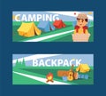 Summer camp banner vector illustration. Camping and Travelling on holiday with different equipment. Cartoon traveller