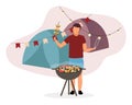 Summer camp barbeque flat vector illustration. Hiker, camper frying sausages on BBQ grill. Husband, father cooking grilled