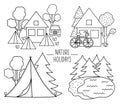 Summer camp black and white scenes set with house, lake, tent, van, forest. Vector campfire line illustration. Active holidays or