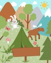 Summer camp card with cute forest animals, tent and wooden sign board. Vector square print template with rabbit, moose, trees,