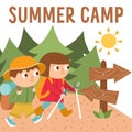 Summer camp card with cute kids doing camping activity. Vector square print templates with hiking children. Active holidays or