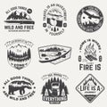 Summer camp with design elements. Vector. Camping and outdoor adventure emblems. Typography design with camping kettle
