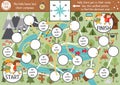 Summer camp dice board game for children with map and compass points. Active holidays boardgame with hiking children going to the
