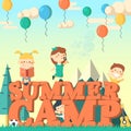 Summer camp flier illustration.Fun kids playing outdoors. Royalty Free Stock Photo