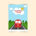 Summer Camp Flyer Design With Funny Sun, Bus On Street Side Natural